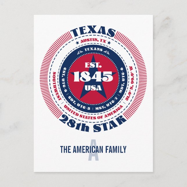 Texas, Austin, TX, Patriotic, Monogram Postcard (Front)