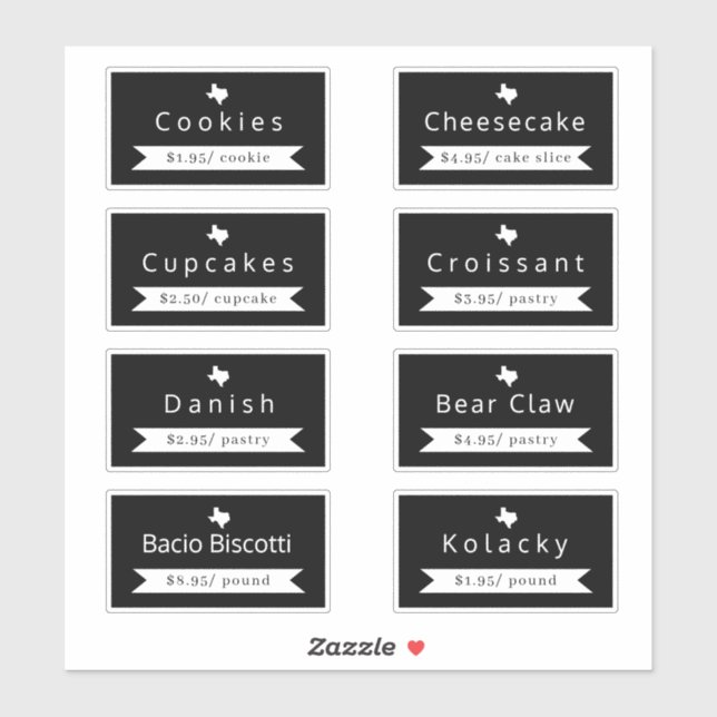 Texas Bakery Food Name & Price Sticker Labels (Sheet)
