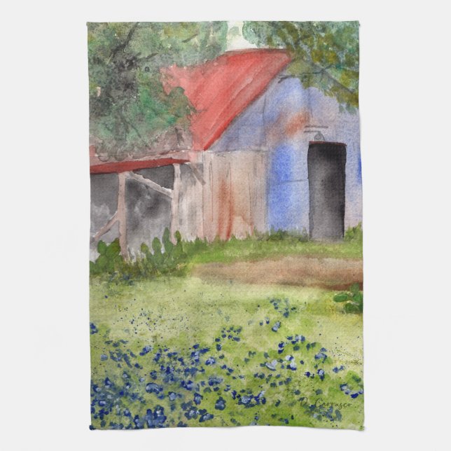 Texas Barn Watercolor Painting Kitchen Towel (Vertical)