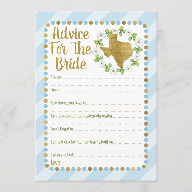 Texas Blue Gold Advice For The Bride Shower Game Card (Front)