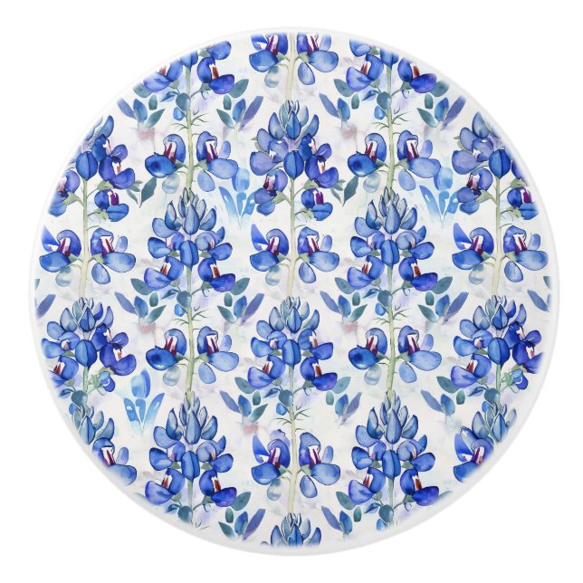 Texas Bluebonnet Blue Wildflower Floral Pattern Ceramic Knob (Front)