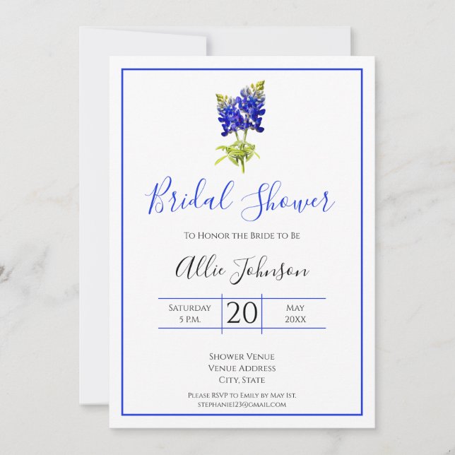 Texas Bluebonnet Flowers, Modern Wedding, Bridal Invitation (Front)