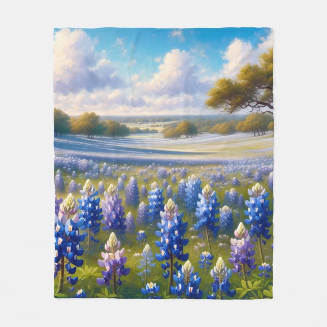 Texas Bluebonnet Meadow Landscape Fleece Blanket (Front)
