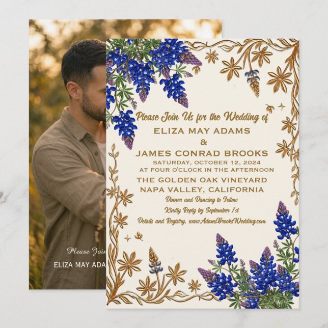 Texas Bluebonnet Photo Wedding Invitation (Front/Back)
