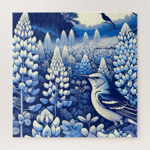 Texas Bluebonnets and Northern Mockingbird Texan   Jigsaw Puzzle