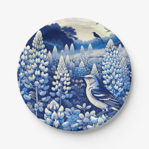 Texas Bluebonnets and Northern Mockingbird Texan   Paper Plate