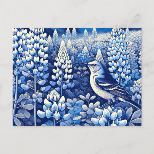 Texas Bluebonnets and Northern Mockingbird Texan Postcard
