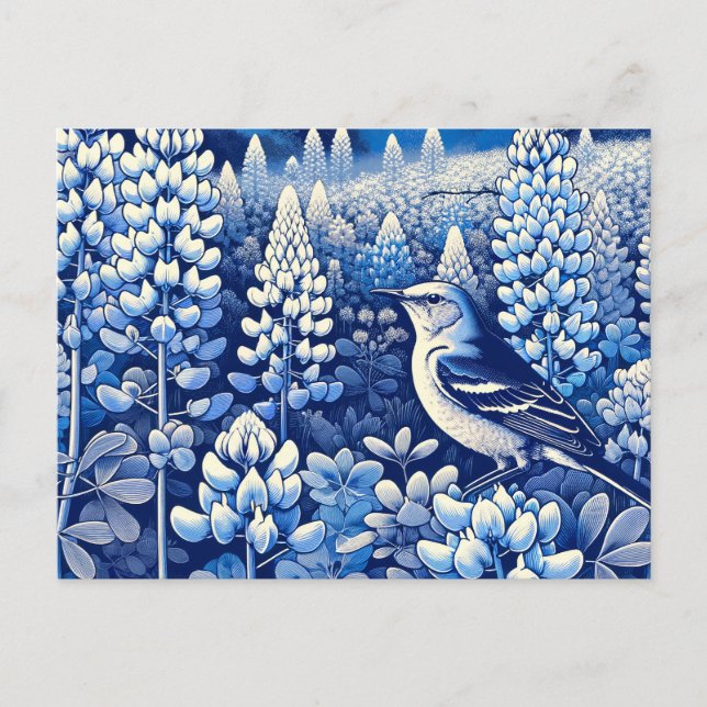 Texas Bluebonnets and Northern Mockingbird Texan   Postcard (Front)