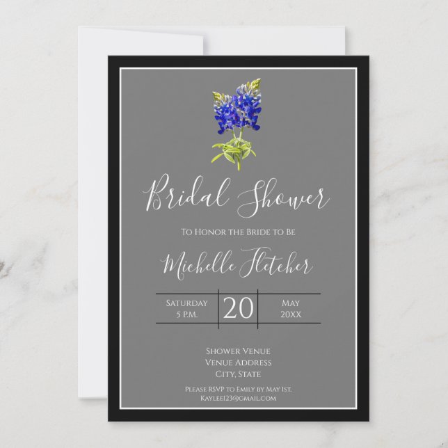 Texas Bluebonnets on Dark Grey, Spring, Bridal Invitation (Front)