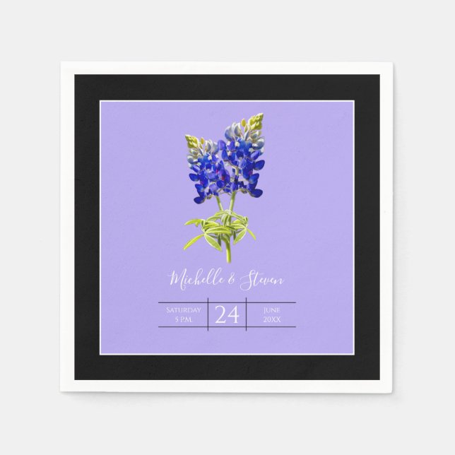 Texas Bluebonnets on Lavender, Spring Wedding Napkin (Front)