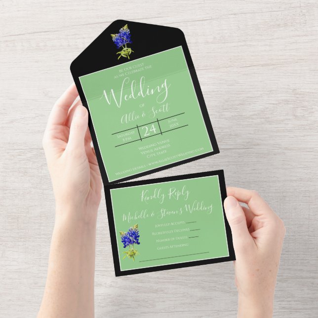 Texas Bluebonnets on Sage, Spring Wedding All In One Invitation (Tearaway)
