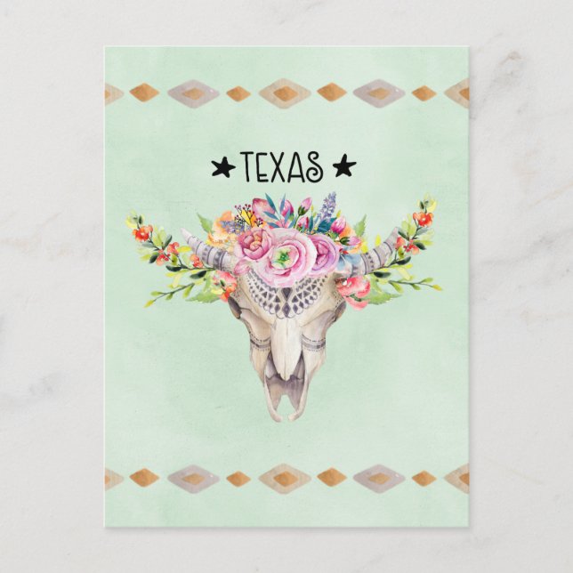 Texas Boho Cow Skull With Flowers Chic Trendy Postcard (Front)