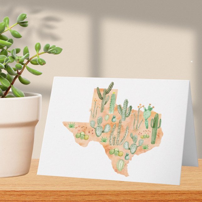 Texas Cactus Watercolor Illustration Map Folded Card (In situ)