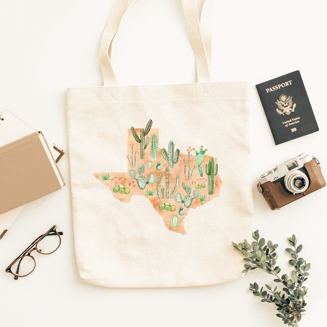 Texas Cactus Watercolor Illustration Map Tote Bag (In situ)