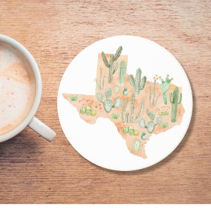Texas Cactus Watercolor Illustration Map Travel Coaster