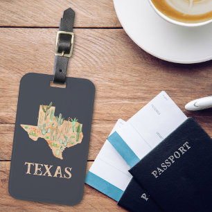 Texas Cactus Watercolor Illustration Map Travel Luggage Tag
