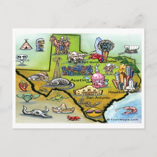 Texas Cartoon Map Postcard (Front)