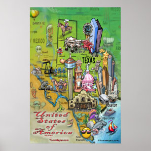 Texas Cartoon Map Poster