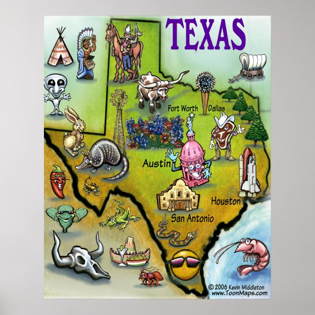 Texas Cartoon Map Poster (Front)