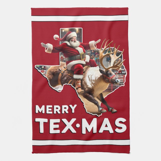 Texas Christmas Merry Texmas Santa Reindeer Rodeo Tea Towel (Vertical)