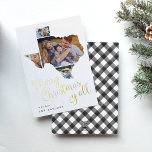 Texas Christmas | Photo Collage<br><div class="desc">Merry Christmas, y'all! This cute Texas holiday card features the saying in whimsical gold foil script lettering beneath a silhouette of the state of Texas, holding four of your favourite photos. Personalise with your custom greeting and names along the bottom. Cards reverse to a handpainted black and white buffalo plaid...</div>