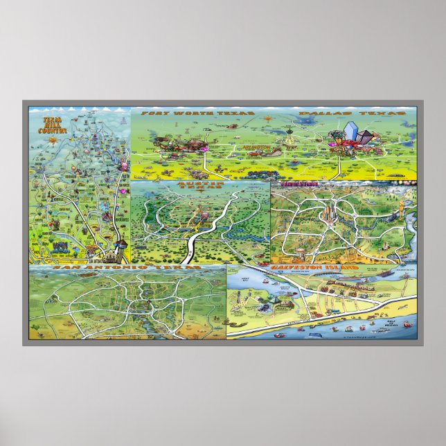 Texas Cities Cartoon Map Poster (Front)