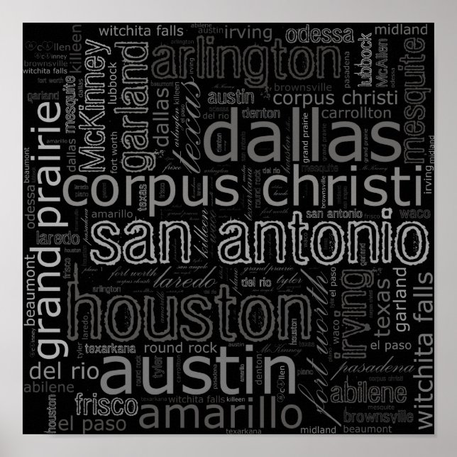 Texas Cities Text Collage Poster (Front)