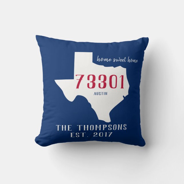 Texas Custom Town Zip Code Home Pillow Blue Red (Front)