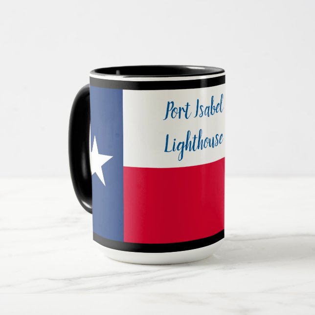 Texas Flag & Port Isabel Lighthouse on black Mug (Front Left)