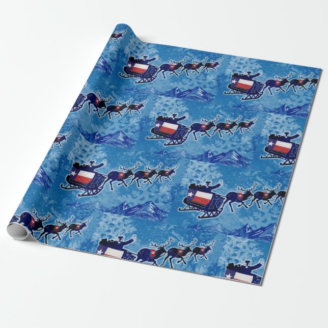 Texas flag Santa sleigh Christmas wrap paper (Unrolled)
