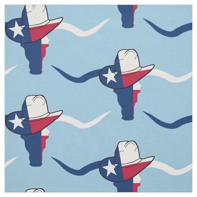 Texas Flag Steer Head With Cowboy Hat Fabric (Swatch)