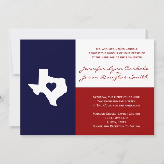Texas Flag Theme Wedding Invitation Red White Blue (Front)