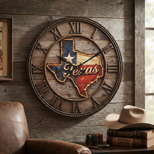 Texas Flag Wood Rustic Rope Trim Large Clock