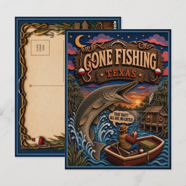 Texas Gone Fishing Alligator Gar Postcard (Front/Back)