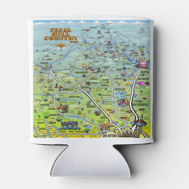 Texas Hill Country Cartoon Map Can Cooler (Back)