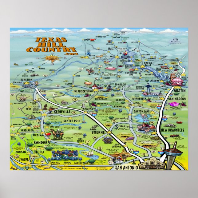 Texas Hill Country Cartoon Map Poster (Front)