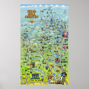 Texas Hill Country Cartoon Map Poster