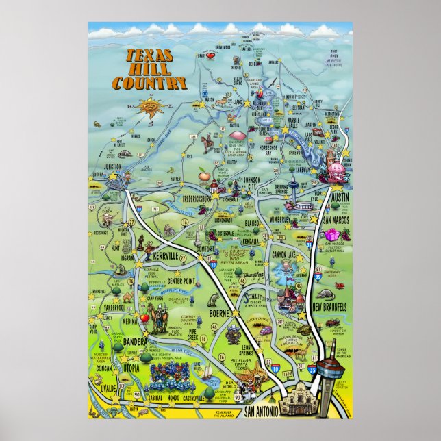 Texas Hill Country Cartoon Map Poster (Front)