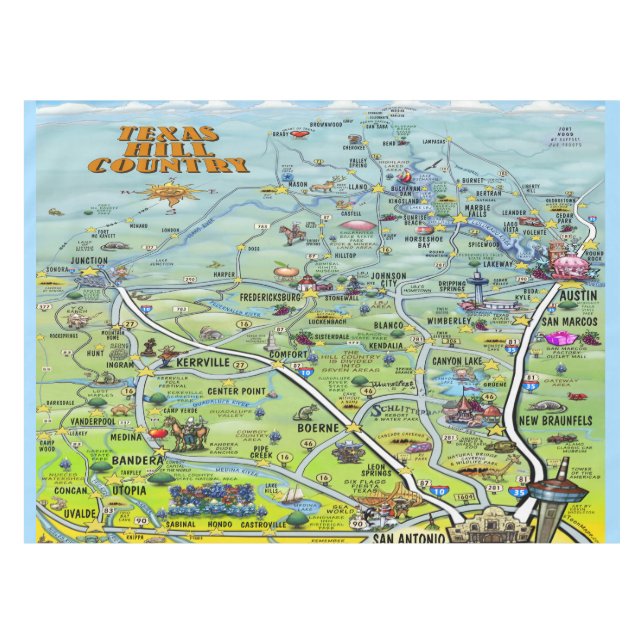 Texas Hill Country Cartoon Map Tablecloth (Front (Horizontal))
