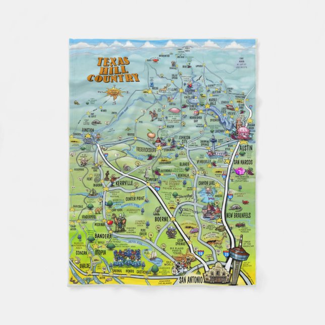 Texas Hill Country Fun Map Fleece Blanket (Front)