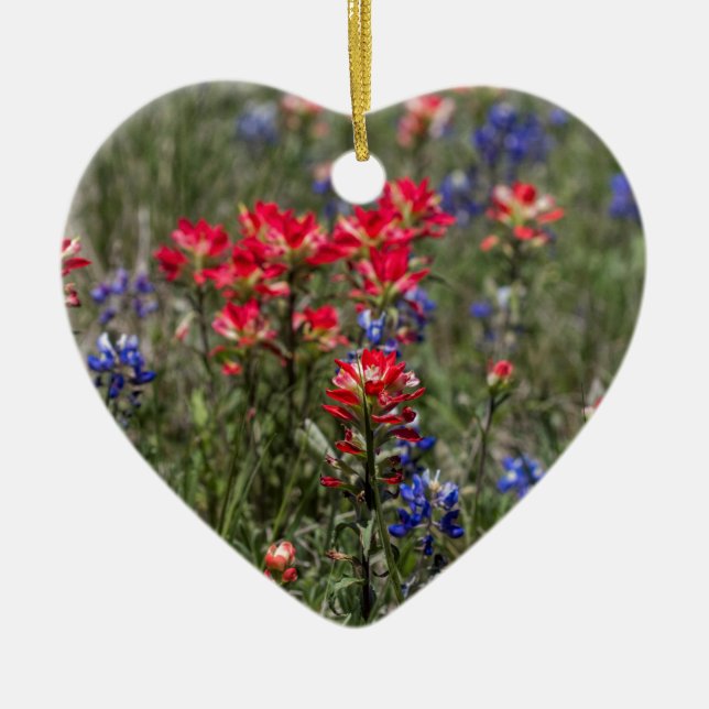 Texas Indian Paintbrush and Bluebonnet Wildflowers Ceramic Tree Decoration (Front)