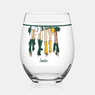 Texas Ladies Fashion Cowboy Boot Gold Green Stemless Wine Glass