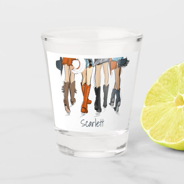 Texas Ladies Fashion Cowboy Boots Hats Orange Shot Glass (Front)