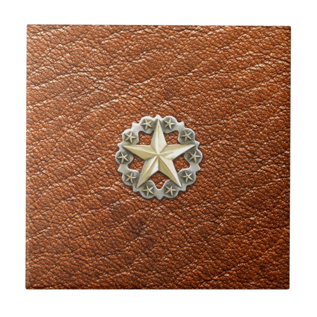 Texas Lone Star Concho on Brown Leather look Tile (Front)