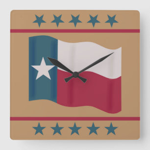Texas Lone Star Flag Red White Blue Tan Stars Square Wall Clock