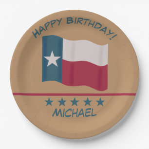 Texas Lone Star Flag Tan Name Personalise Birthday Paper Plate