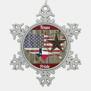 Texas Lone Star State Flag Map Snowflake Pewter Christmas Ornament