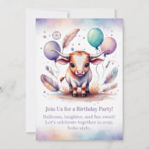 Texas Long Calf Birthday Invitation Pastel Boho