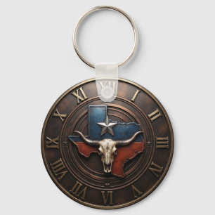 Texas Longhorn Bronze Flag Medallion Key Ring