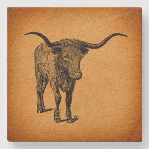 Texas Longhorn Bull Rustic Vintage Western Art Stone Coaster